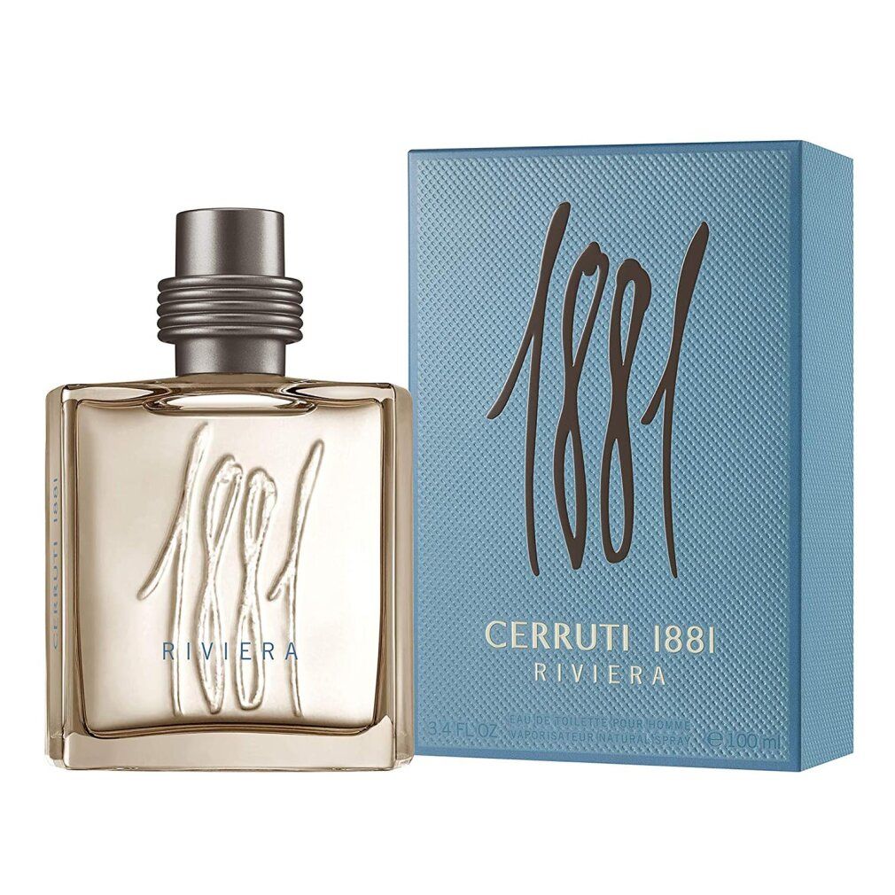 Cerruti 1881 Riviera Eau de Toilette Spray. Flacone e confezione. Scatola azzurra con testo. Flacone quadrato in vetro con vaporizzatore.