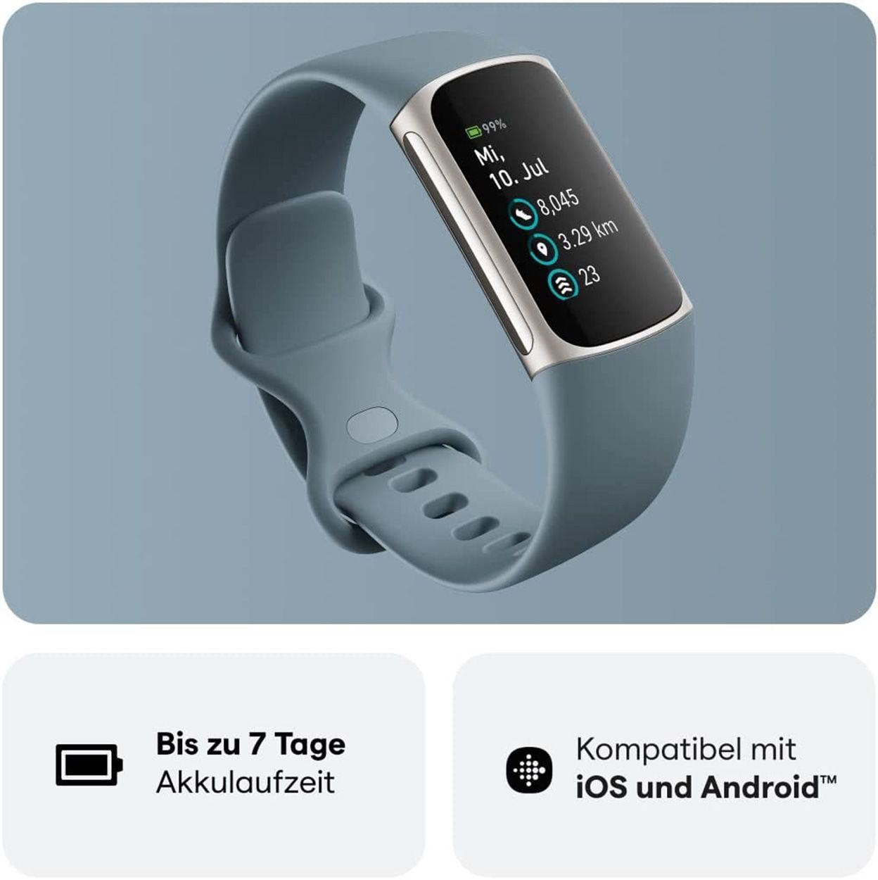 Fitbit Charge 5 AMOLED Braccialetto per rilevamento di attività Blu, Acciaio inox
