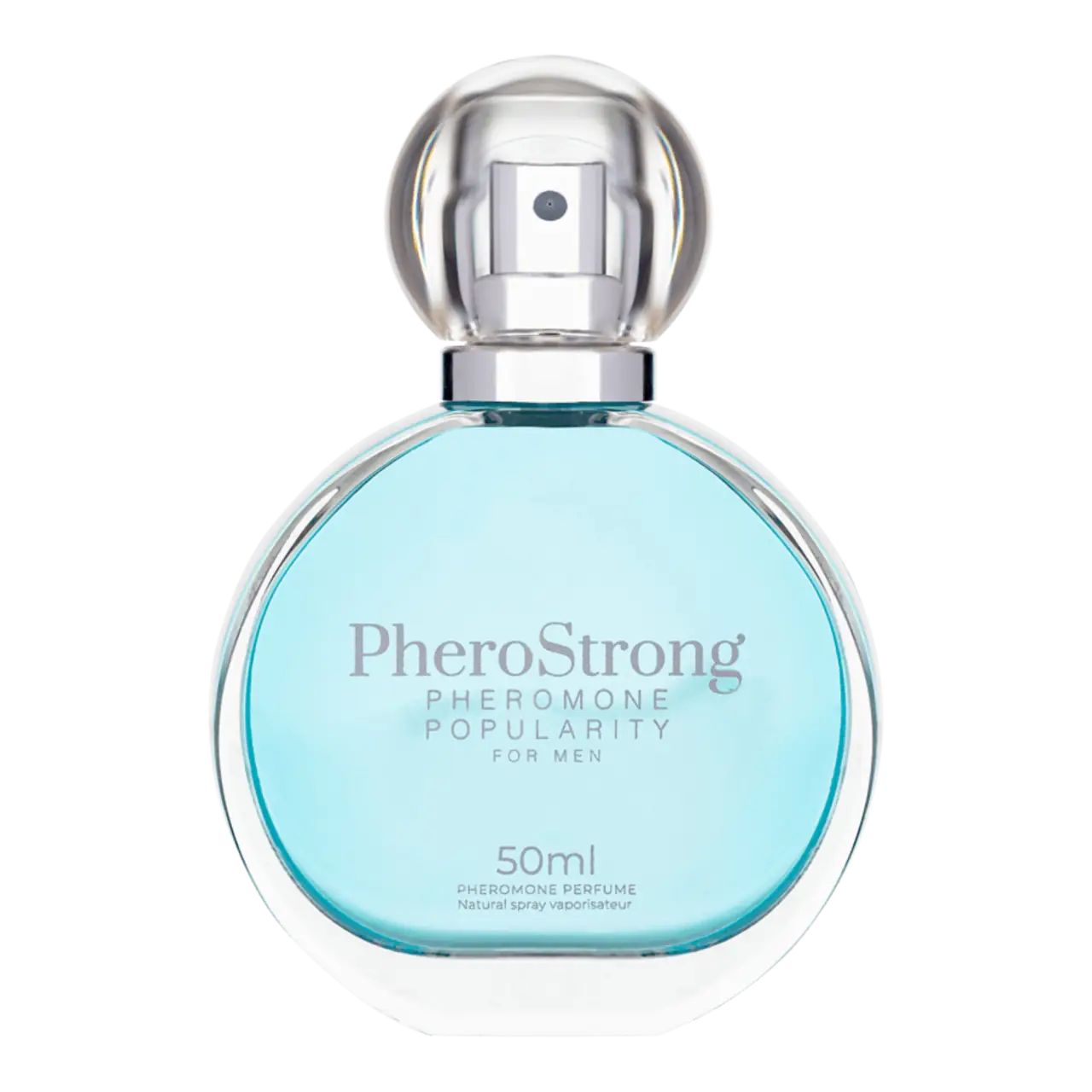 Flacone rotondo blu con vaporizzatore. Scritta: PheroStrong, Pheromone Popularity for Men. 50ml.