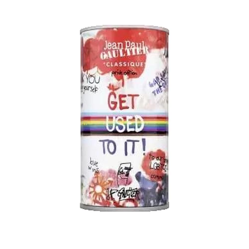 Scatola cilindrica con stampa "Jean Paul Gaultier". Testo: "GET USED TO IT!". Fascia arcobaleno. Design graffiti. "Pride edition".