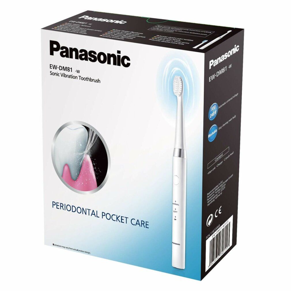 Confezione dello spazzolino elettrico Panasonic EW-DM81-W. Immagine del prodotto e testo: 'Periodontal Pocket Care'.