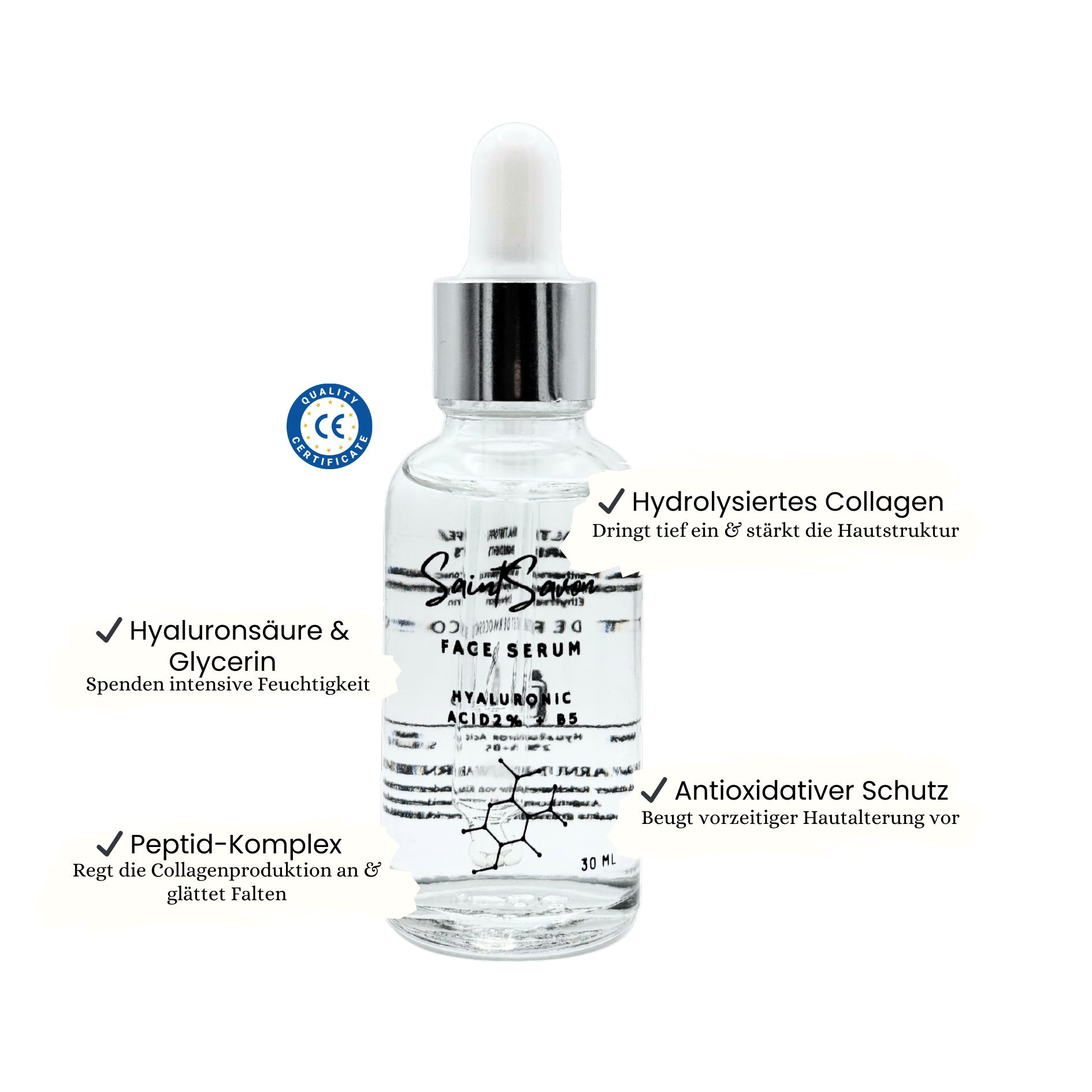Flacone di vetro trasparente con pipetta. Scritta: Saint Savon, Face Serum, Hyaluronic Acid 2% + B5. Testi aggiuntivi.
