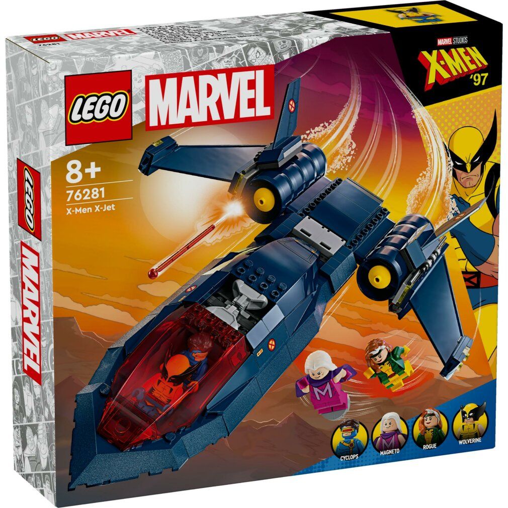 LEGO Marvel X-Jet. Aereo giocattolo blu scuro con dettagli rossi. Confezione con illustrazione Wolverine e personaggi.