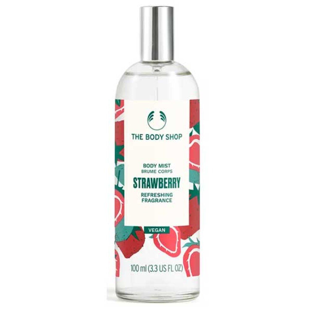 Flacone di Body Mist con design fragola. Scritta: Strawberry, Body Mist, The Body Shop. Erogatore argentato. Vegano.