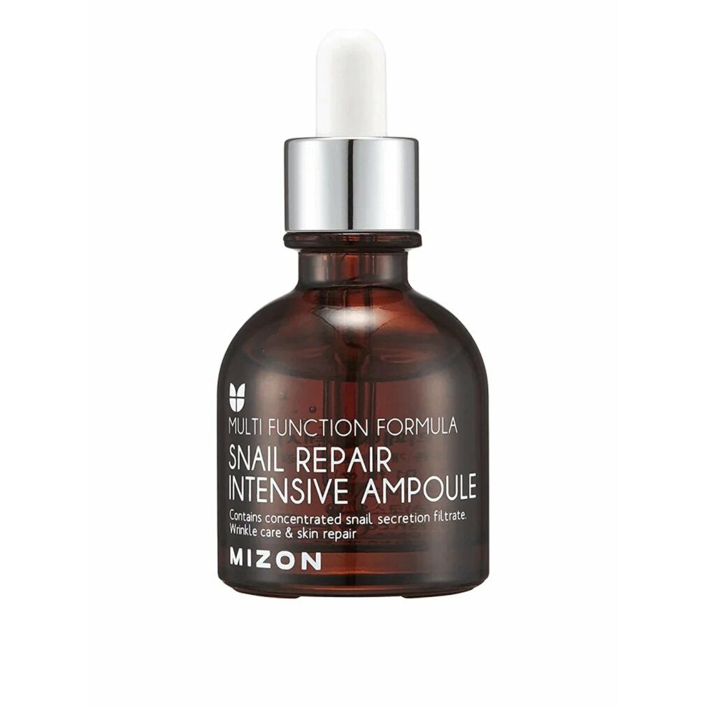 Flacone di vetro marrone con tappo argentato e pipetta. Scritta: Snail Repair Intensive Ampoule. Marchio: MIZON.