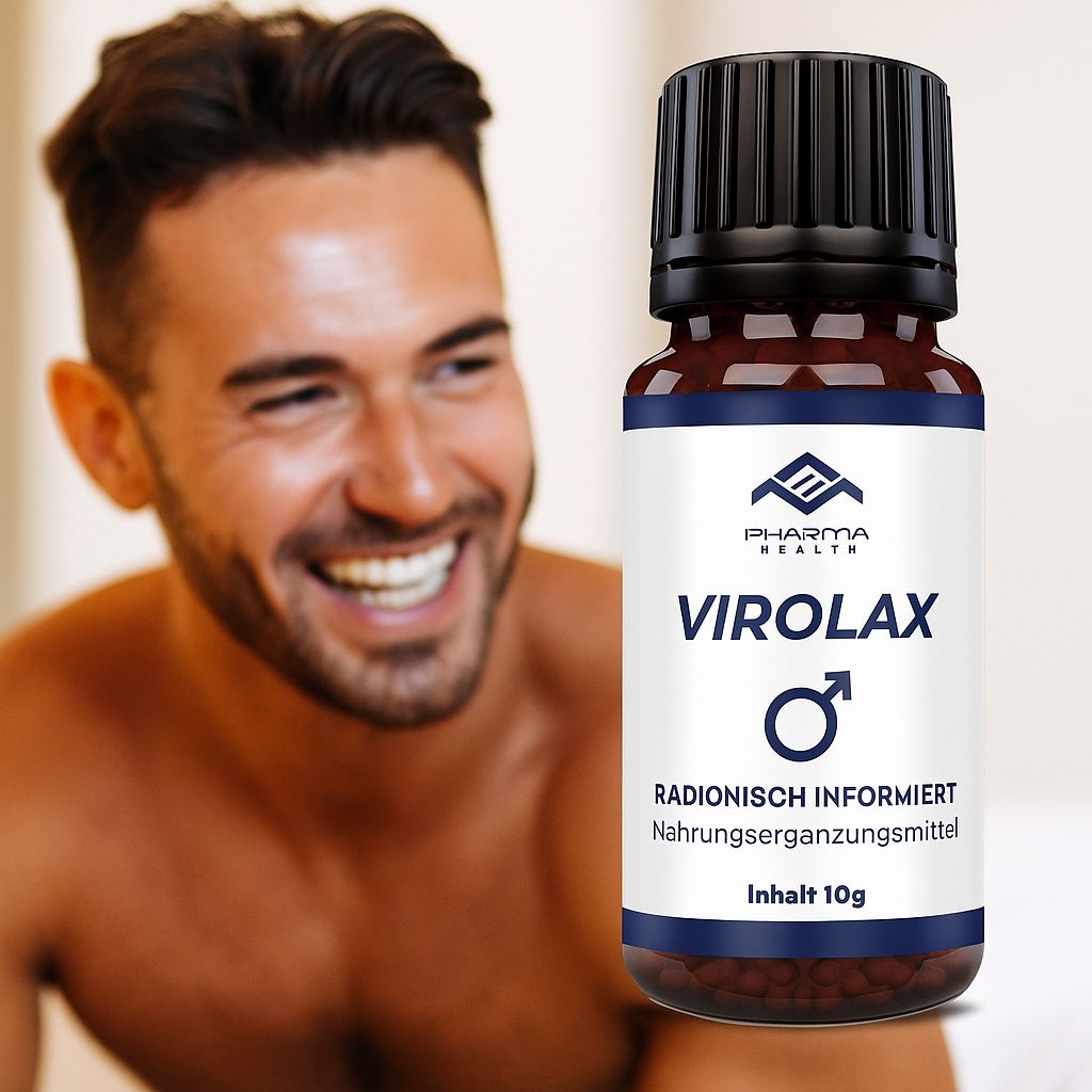 Flacone di vetro marrone con tappo nero. Etichetta bianca con logo, nome del prodotto Virolax e indicazione del contenuto 10g. Uomo sullo sfondo.