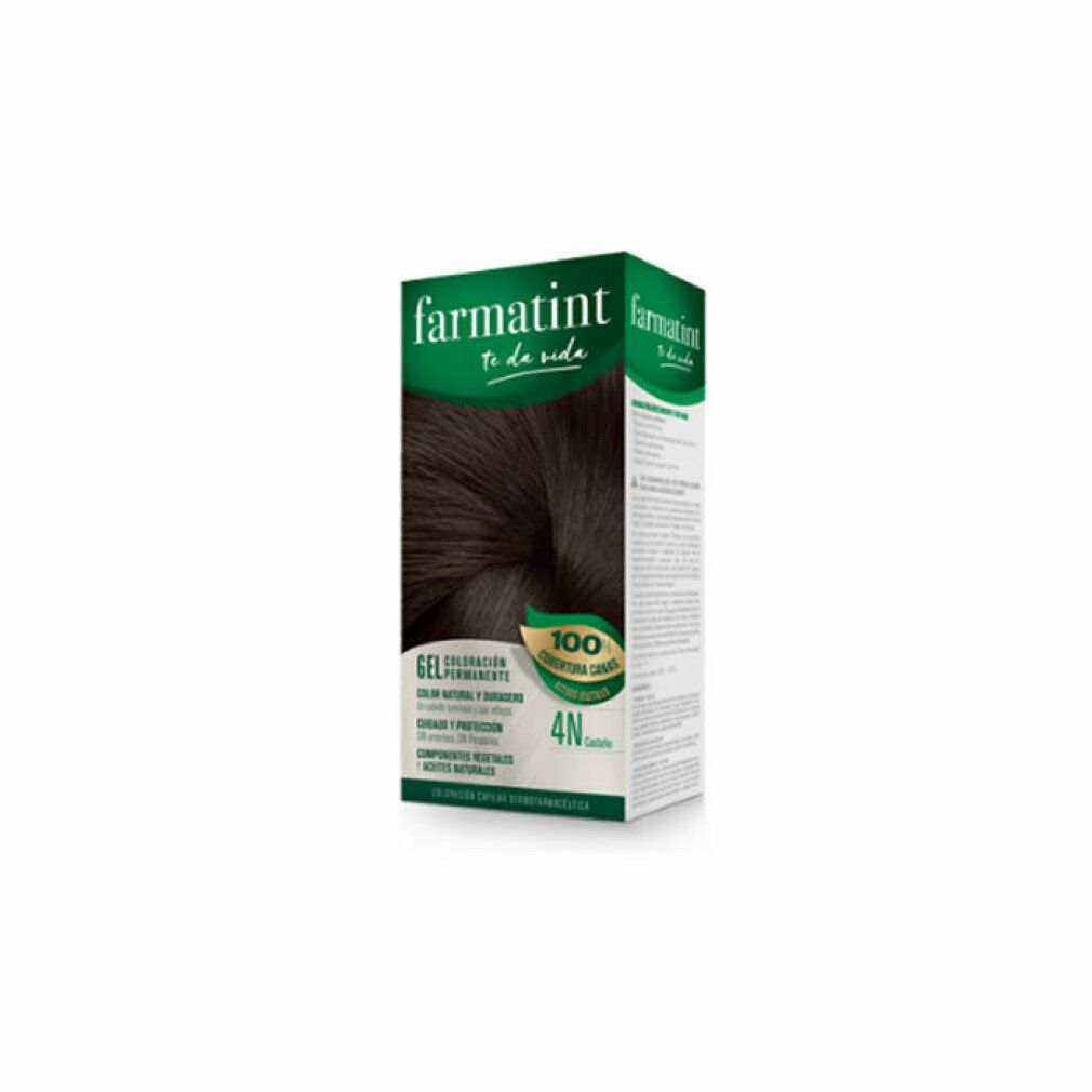 Scatola Farmatint. Tinta permanente 4N, marrone. Copertura 100% capelli bianchi. Formula gel. Ingredienti naturali.