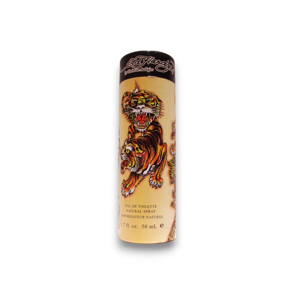 Ed Hardy Eau de Toilette Spray. Confezione cilindrica con design tigre. Colore giallo. Coperchio nero.