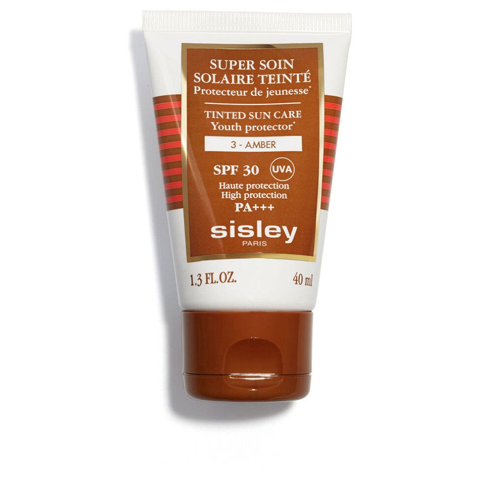 Tubo di Crema Solare Colorata SPF 30. Tubo bianco-marrone con informazioni sul prodotto. Marca: SISLEY. 40 ml.
