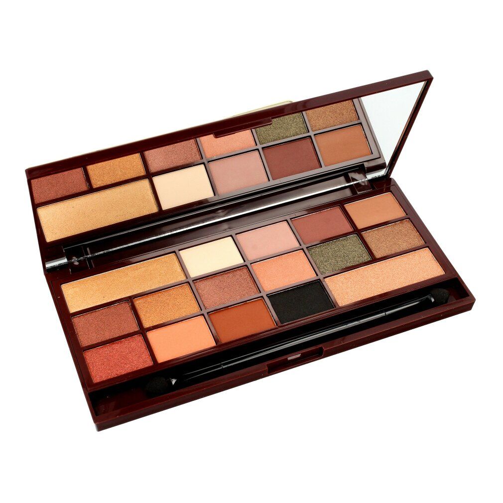 Palette ombretti con specchio e applicatore. Diverse tonalità in cialde rettangolari. Custodia marrone scuro.