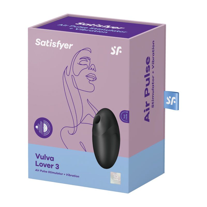 Confezione con prodotto. Scritta 'Satisfyer', 'Vulva Lover 3'. Illustrazione di un volto. Prodotto nero.