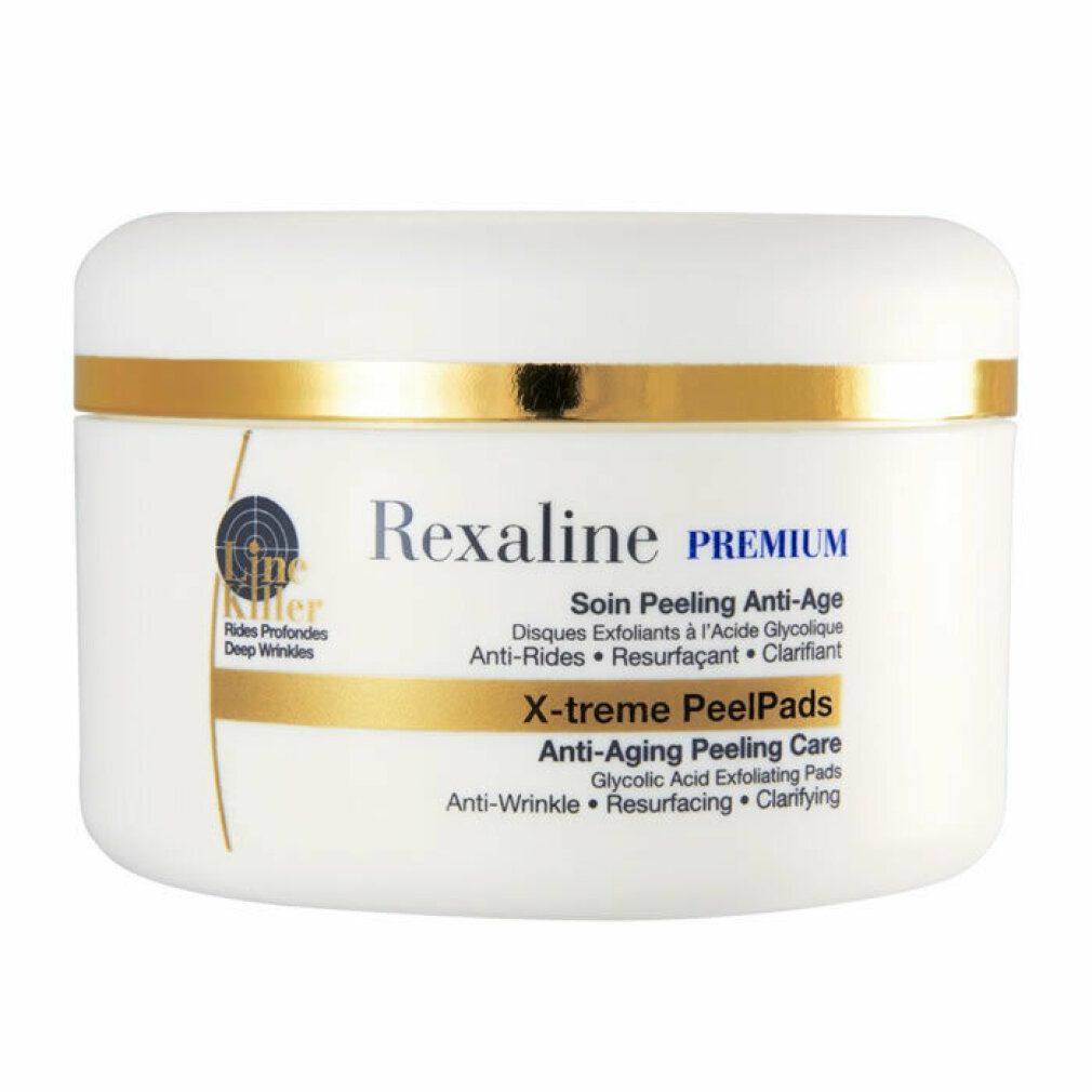 Vaso bianco con fascia dorata. Scritta: Rexaline PREMIUM, X-treme PeelPads, Anti-Aging Peeling Care.