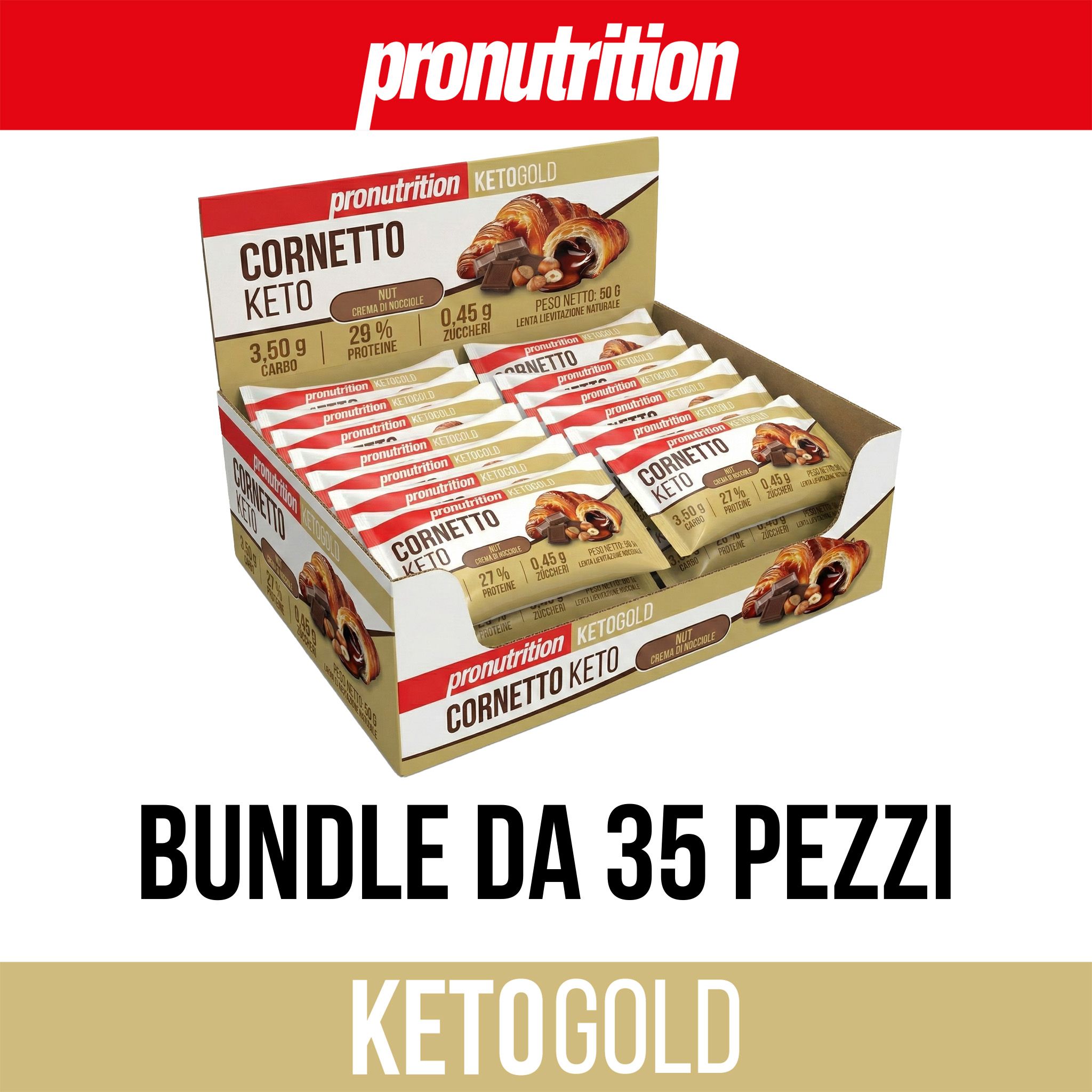 Confezione di Pronutrition Cornetto Keto, 35 pezzi. Scritta: Cornetto Keto, Bundle da 35 pezzi, Ketogold.