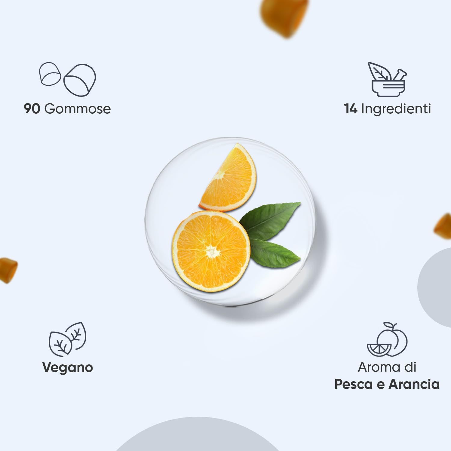 90 caramelle gommose. 14 ingredienti. Vegano. Gusto pesca-arancia.