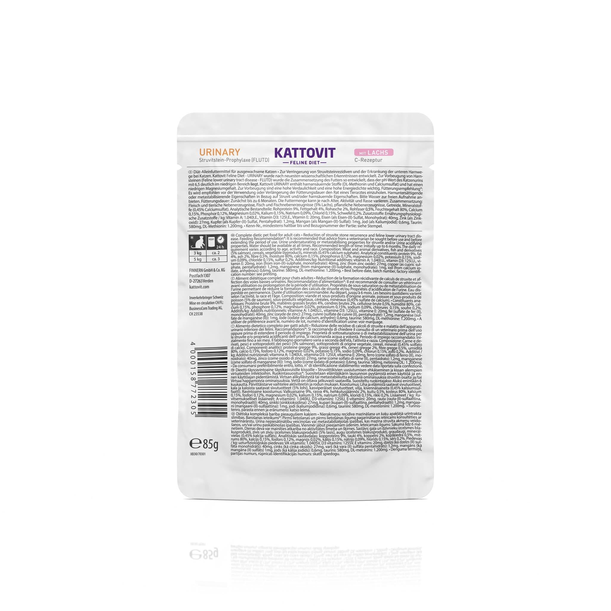 Retro della busta di cibo per gatti KATTOVIT Urinary Lachs. Testo con ingredienti, valori nutrizionali, informazioni sul produttore e codice a barre. 85g.