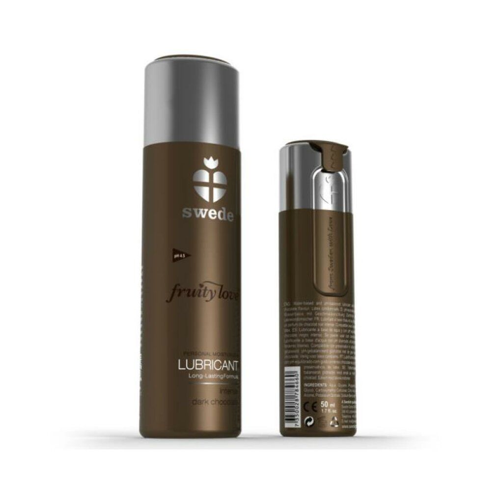 Due flaconi. Un flacone marrone con tappo argentato. Scritta: swede, fruity love, LUBRICANT. Un piccolo flacone.