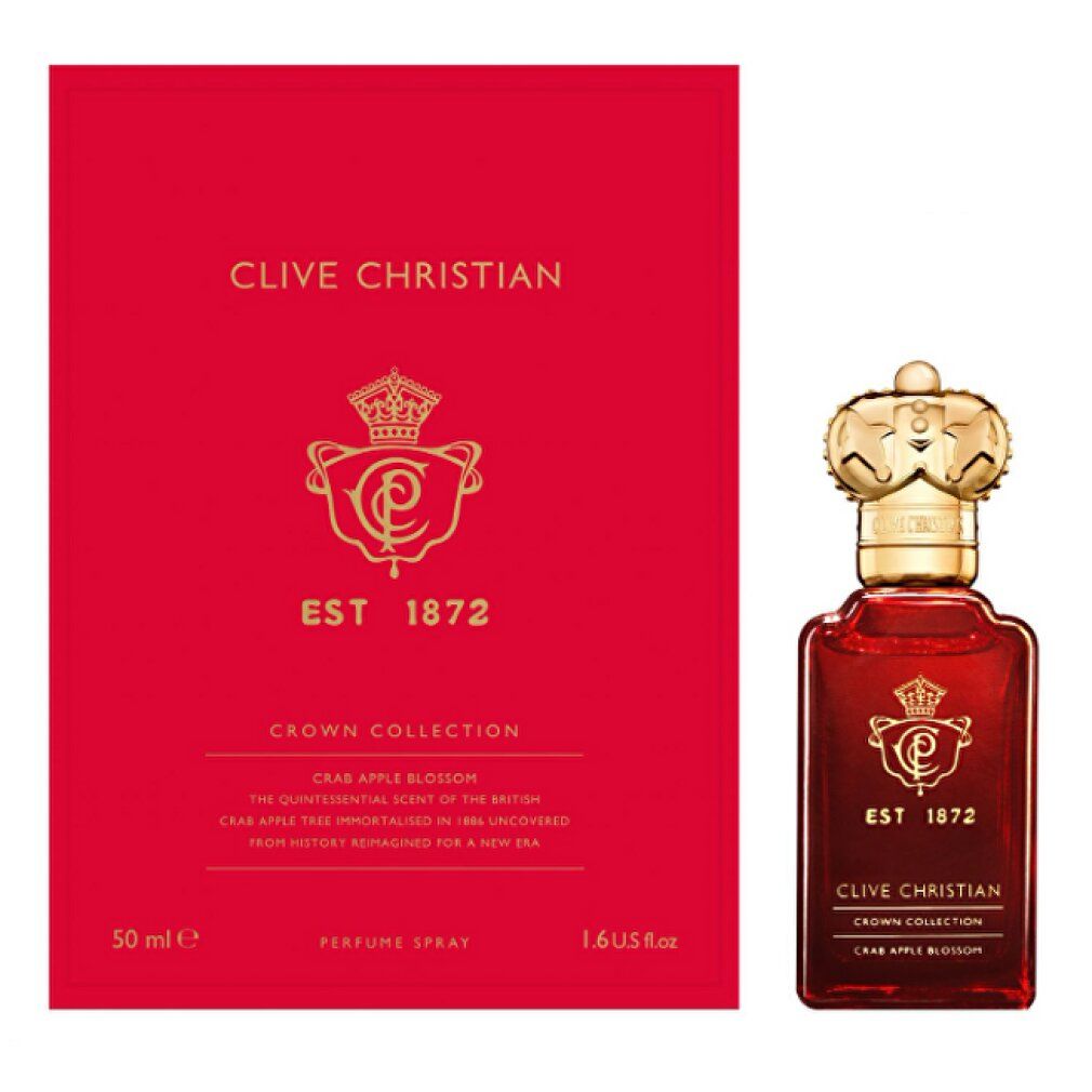 Scatola e flacone rossi. Scritta: Clive Christian, Crown Collection, Crab Apple Blossom, Est. 1872. Flacone con corona dorata.