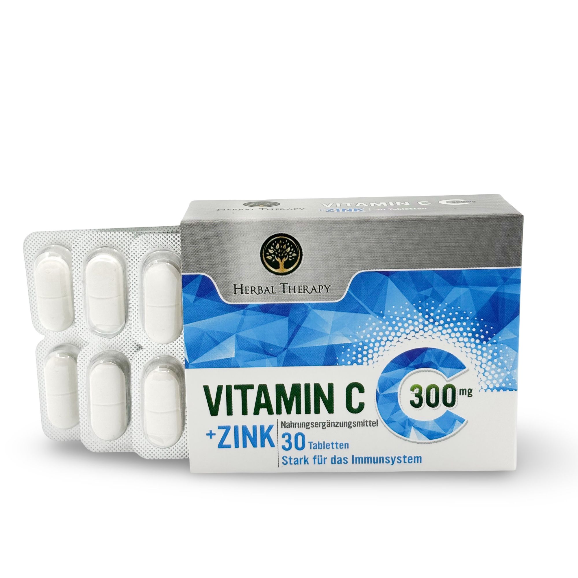 Confezione "Herbal Therapy VITAMINE C 300 mg avec zinc" con compresse in blister. Compresse bianche visibili.