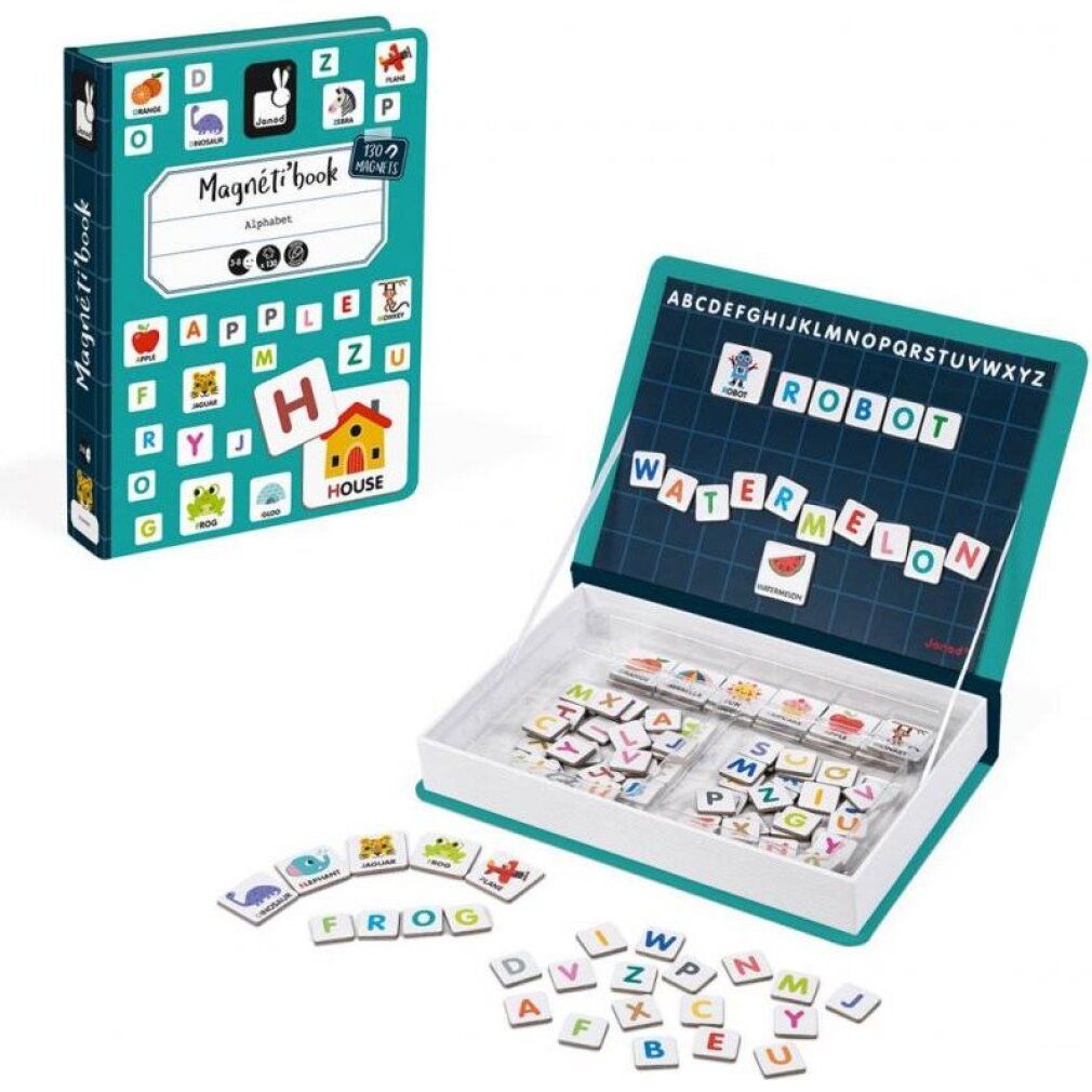 Magnetibook Alfabeto inglese. Libro aperto con lettere e immagini. Parole ROBOT e WATERMELON composte. Lettere e immagini sparse.