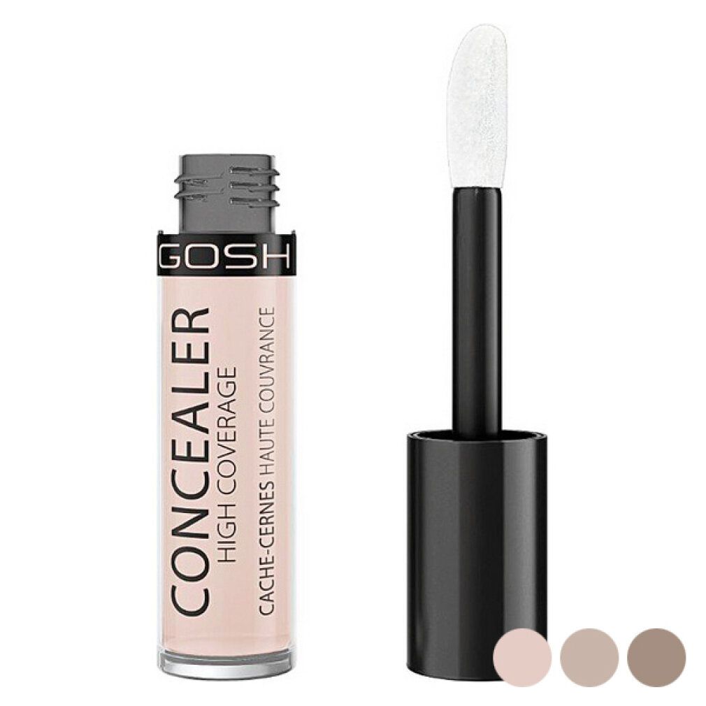Correttore Gosh High Coverage 002 Ivory. Flacone, applicatore e campioni di colore. Scritta: CONCEALER HIGH COVERAGE. Tonalità: Avorio, Marrone chiaro, Marrone scuro.