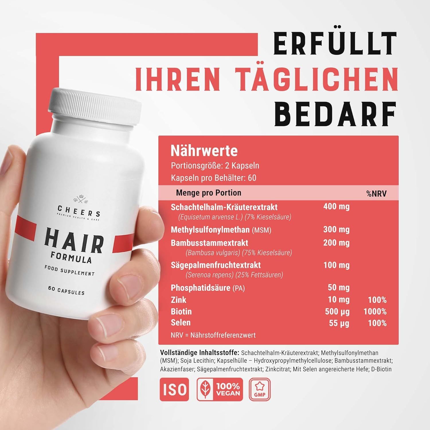 Flacone HAIR FORMULA. Tabella nutrizionale: estratto di erbe, MSM, bambù, zinco, biotina, selenio. ISO, Vegan.