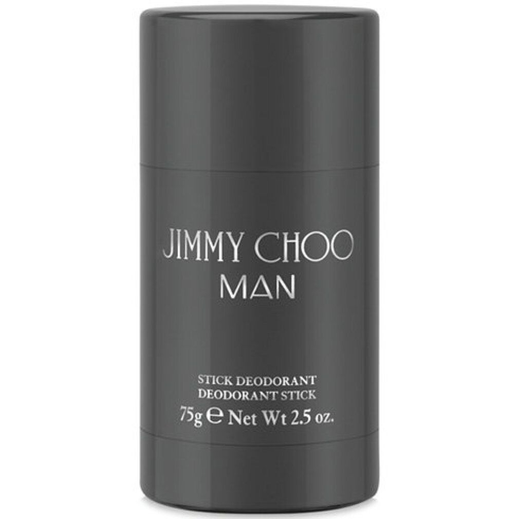 Stick deodorante grigio. Scritta: JIMMY CHOO MAN, STICK DEODORANT, 75g e Net Wt 2.5 oz.