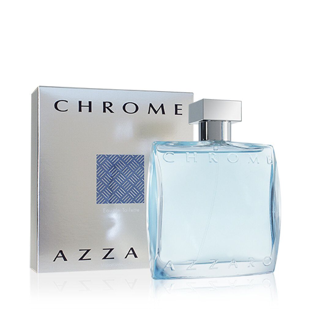 Flacone e confezione. Flacone con liquido azzurro, tappo argentato. Confezione con "CHROME" e "AZZARO".
