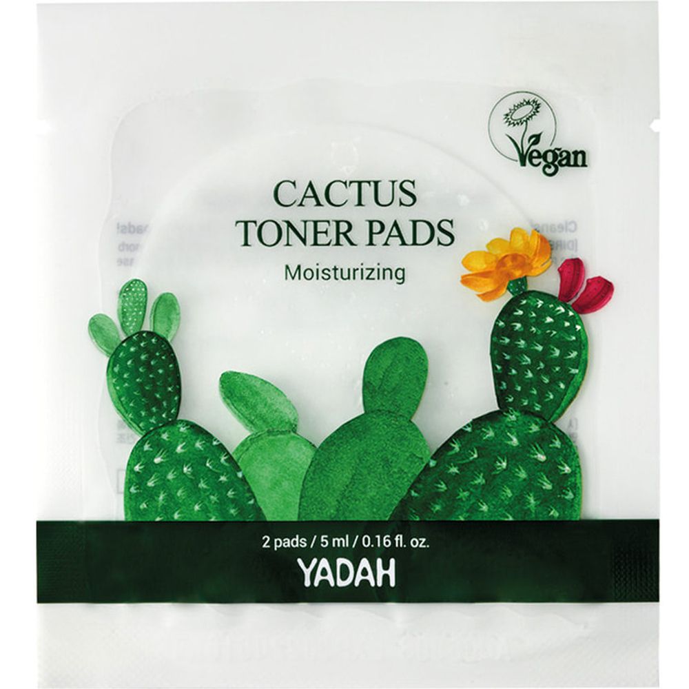 Confezione con due YADAH Cactus Toner Pads. Con illustrazione di cactus. Logo Vegan. Nome del prodotto e marchio YADAH.