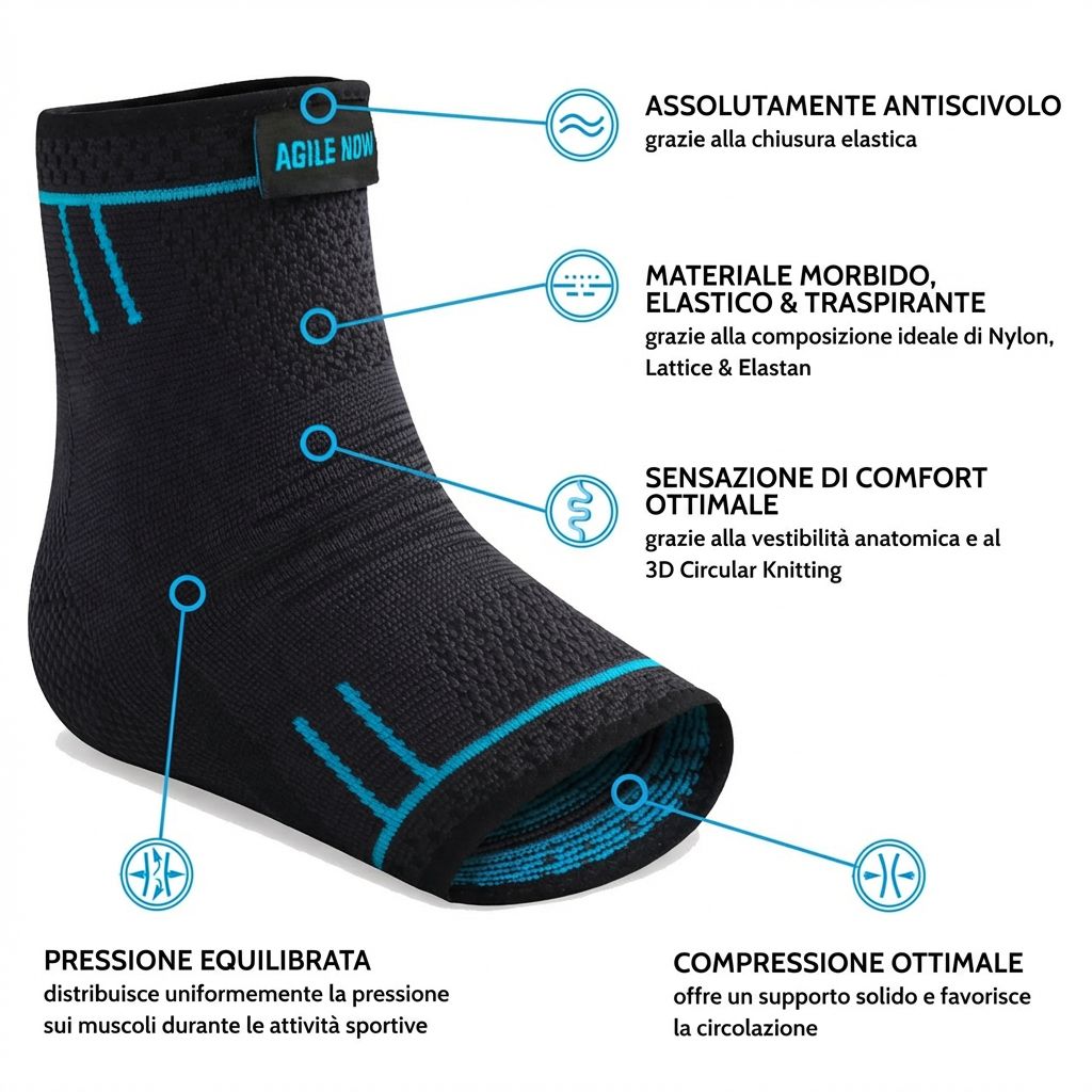 Tutore caviglia nero con tabella taglie. Marchio: AGILE NOW. Taglie: M, L, XL.