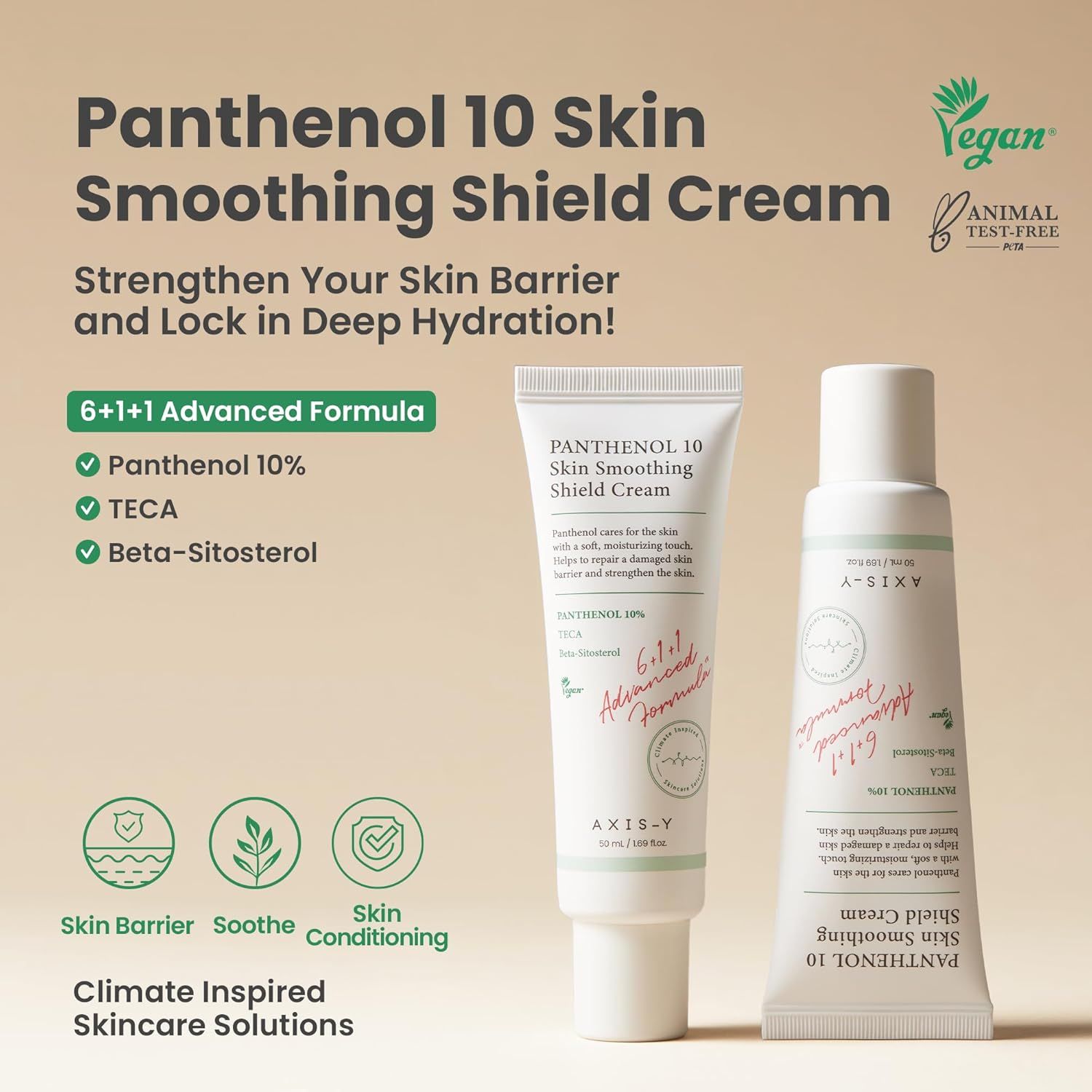 Due tubi 'Panthenol 10 Skin Smoothing Shield Cream'. Testi: 'Vegan' e 'Animal Test-Free'.