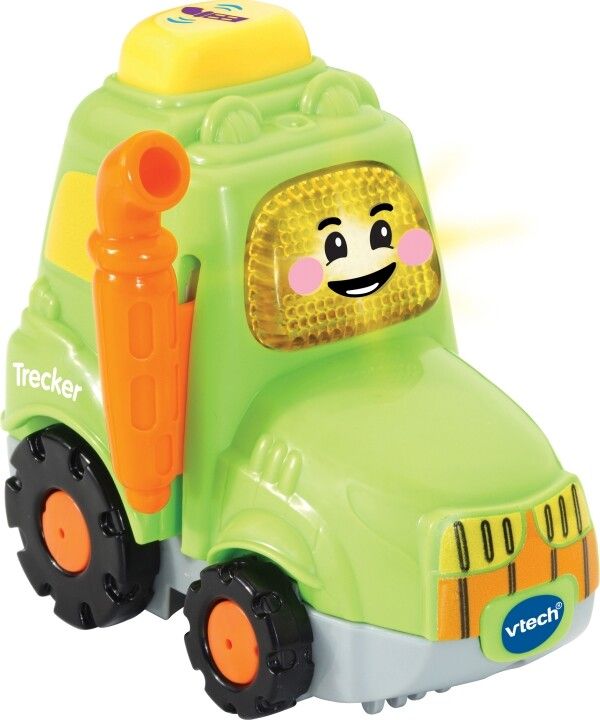 Trattore giocattolo verde con tetto giallo, scarico arancione e pneumatici neri. Logo Vtech.
