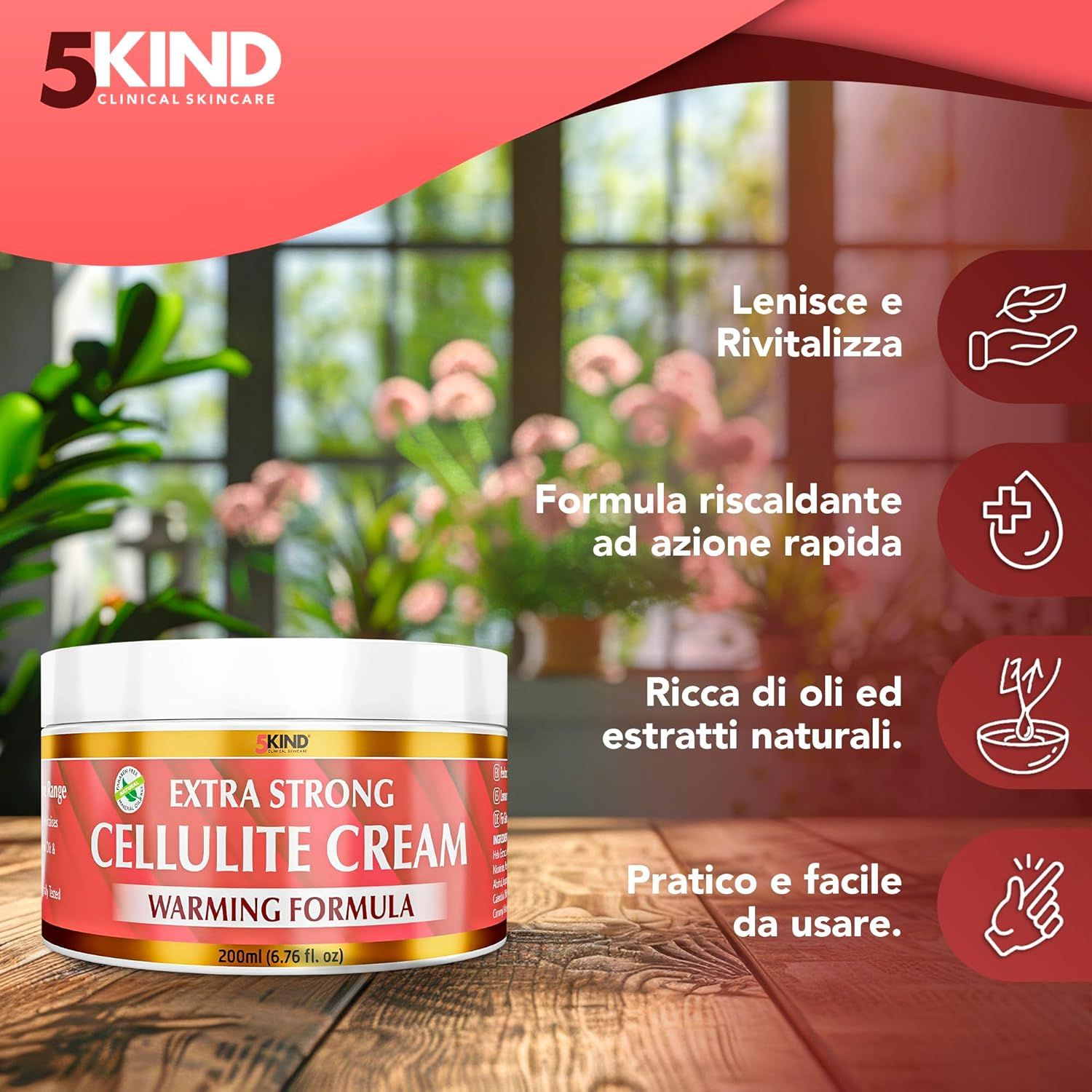 Vasetto con scritta: 5Kind, Extra Strong Cellulite Cream, Warming Formula. Testo in italiano.