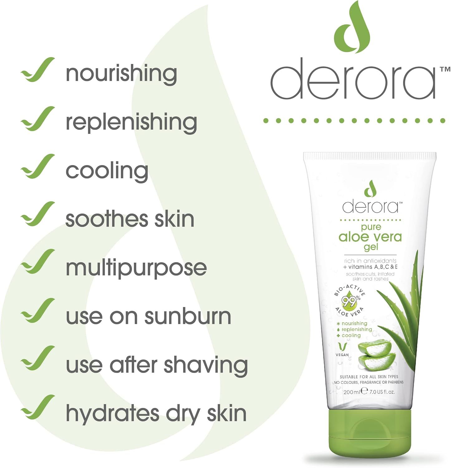 Tubo bianco, tappo verde. Scritta: Derora Pure Aloe Vera Gel. Benefici: nutriente, rinfrescante, lenitivo. Vegano.