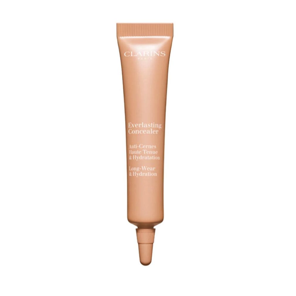 Tubo correttore Clarins Everlasting. Tubo beige con applicatore. Scritte: Everlasting Concealer, Anti-Cernes, Haute Tenue & Hydratation, Long-Wear & Hydratation.
