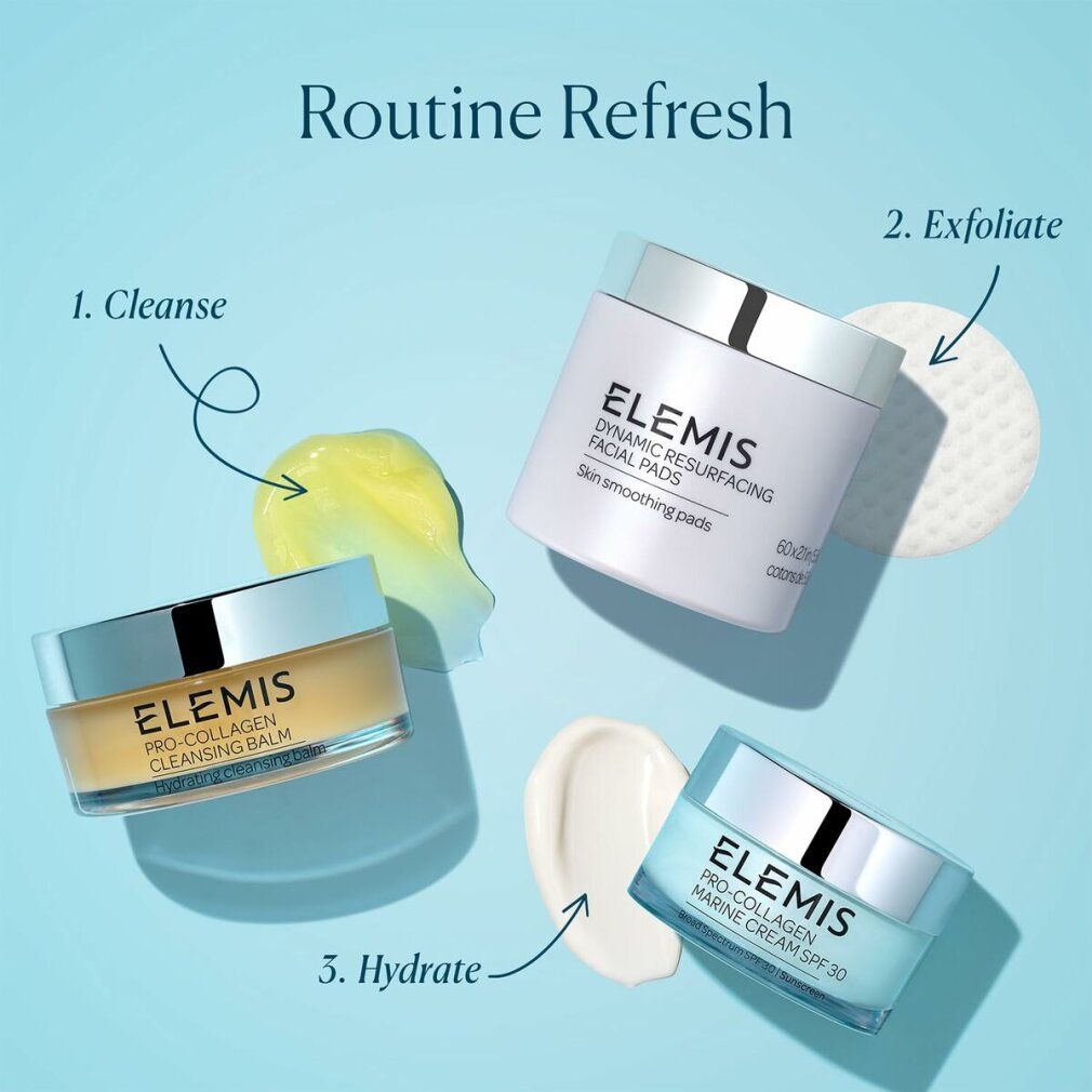 Tre prodotti su sfondo blu. Elemis Pro-Collagen Cleansing Balm, Dynamic Resurfacing Facial Pads, Marine Cream SPF 30.