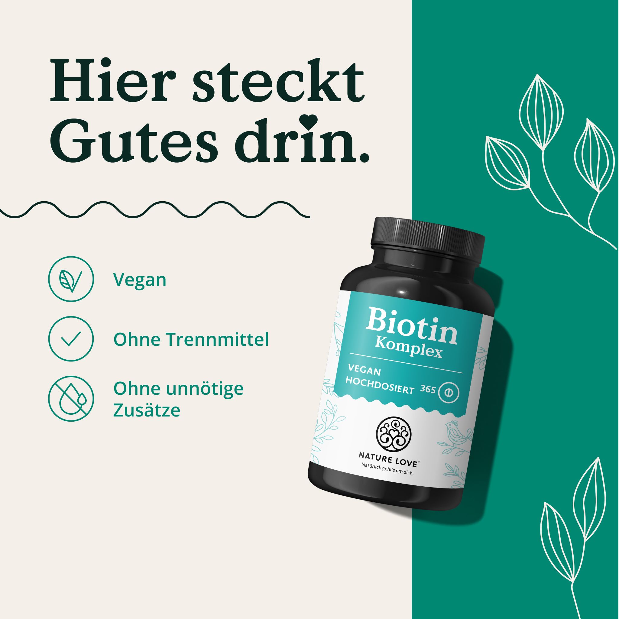 Flacone di Biotin Komplex con sigilli: Vegano, senza agenti separatori, senza additivi inutili.