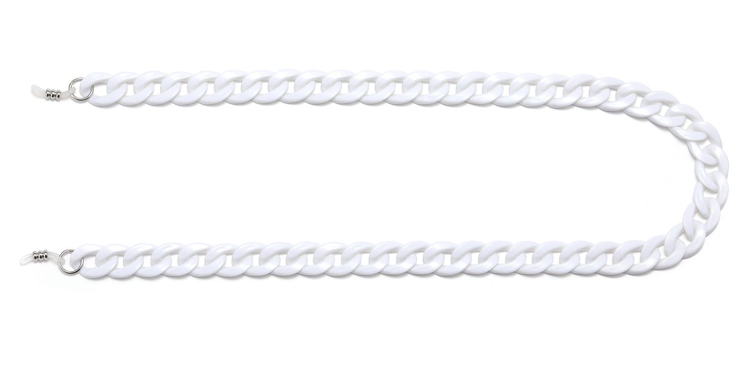 Catena per occhiali bianca con motivo a catena. Agli estremi sono presenti anelli metallici per il fissaggio.