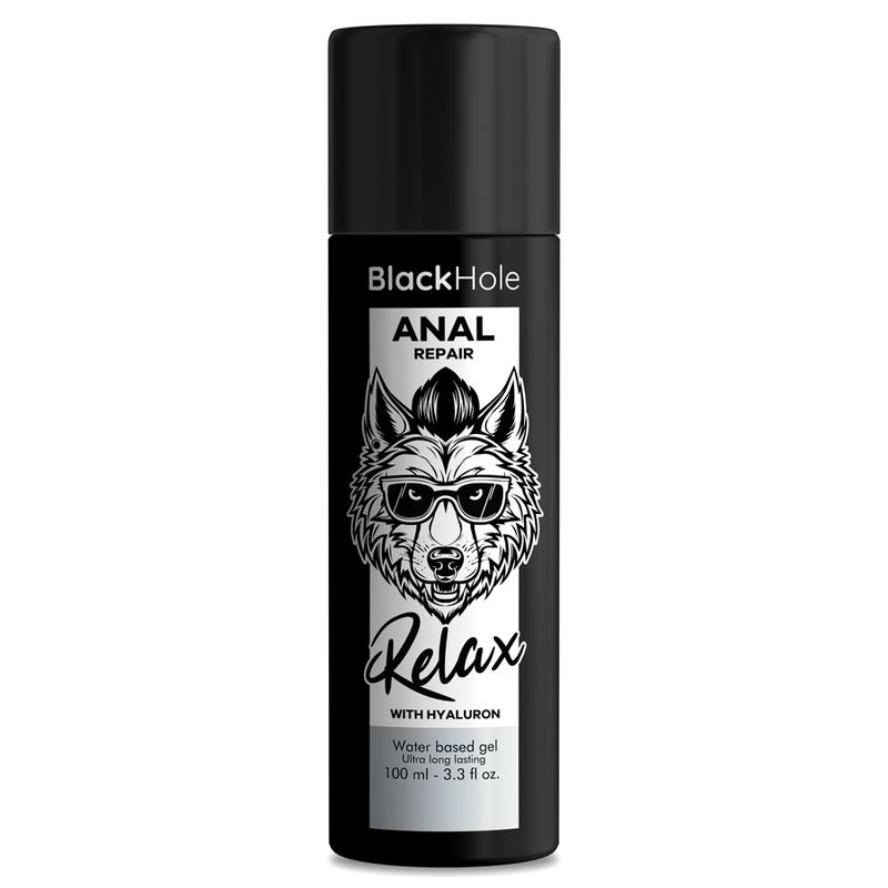 Flacone nero con scritta "Black Hole Anal Repair" e logo testa di lupo. Contiene 100 ml.