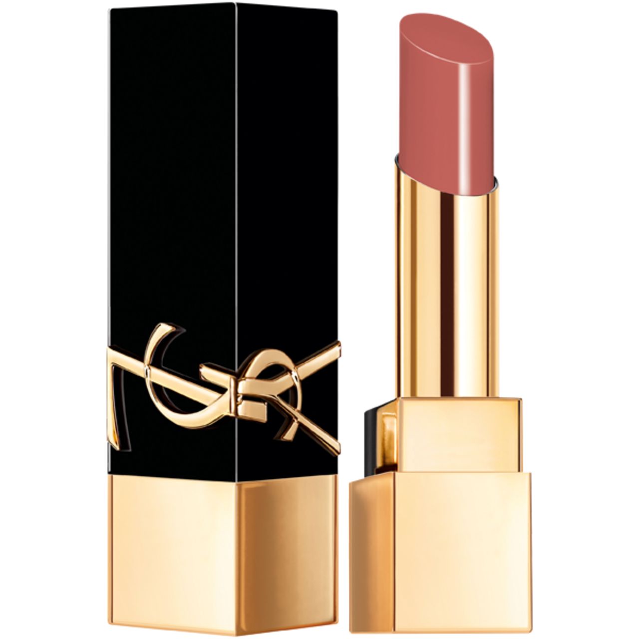 Rossetto con custodia nera e logo dorato. Aperto, con rossetto rosa. Base dorata.