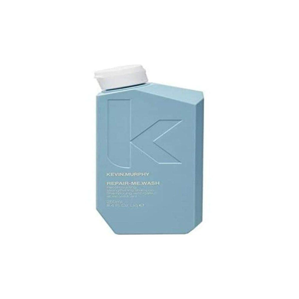 Shampoo azzurro con tappo bianco. Scritta: KEVIN.MURPHY, REPAIR-ME.WASH. 250ml.