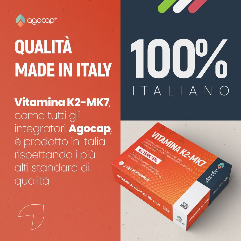 Confezione Agocap Vitamina K2-MK7. Testo: Qualità Made in Italy. 100% italiano. Prodotto in Italia.