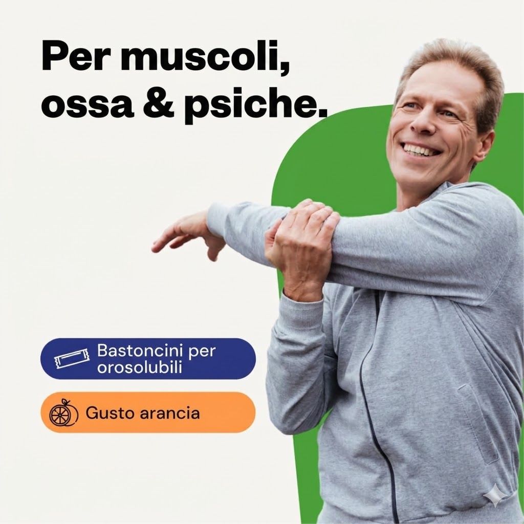Uomo che si allunga. Testo: Per muscoli, ossa & psiche. Bastoncini per orosolubili e Gusto arancia.