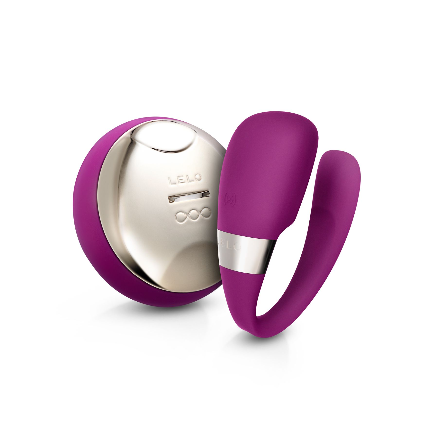 Vibratore viola con anello argentato e caricabatterie sferico abbinato con logo LELO.