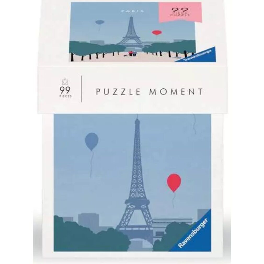 Puzzle Moment - Paris, 99 pezzi. Confezione con illustrazione della Torre Eiffel. Marchio Ravensburger.