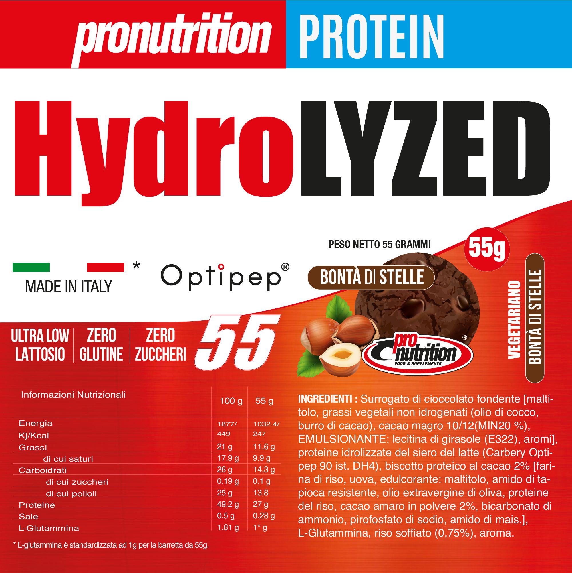 Confezione di barretta proteica. Scritta Hydrolyzed 55. Bonita di Stelle. Vegetariano. Informazioni nutrizionali.