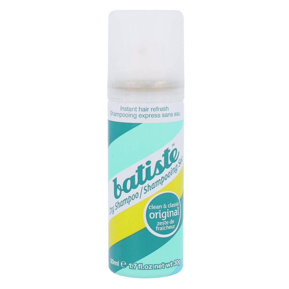 Flacone di shampoo secco con tappo bianco. Design turchese, giallo e bianco. Scritta: Batiste Original. 50ml.