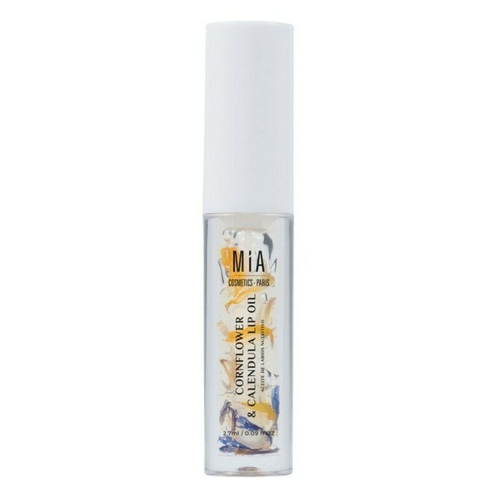 Olio labbra con fiori, tappo bianco. Scritta: Cornflower & Calendula Lip Oil, mia Cosmetics.