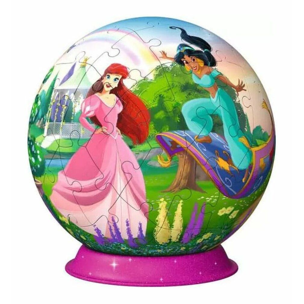 Puzzle 3D-Ball Disney Princess. Puzzle sferico con Ariel e Jasmine. Base rosa. Pezzi con motivi di principesse.
