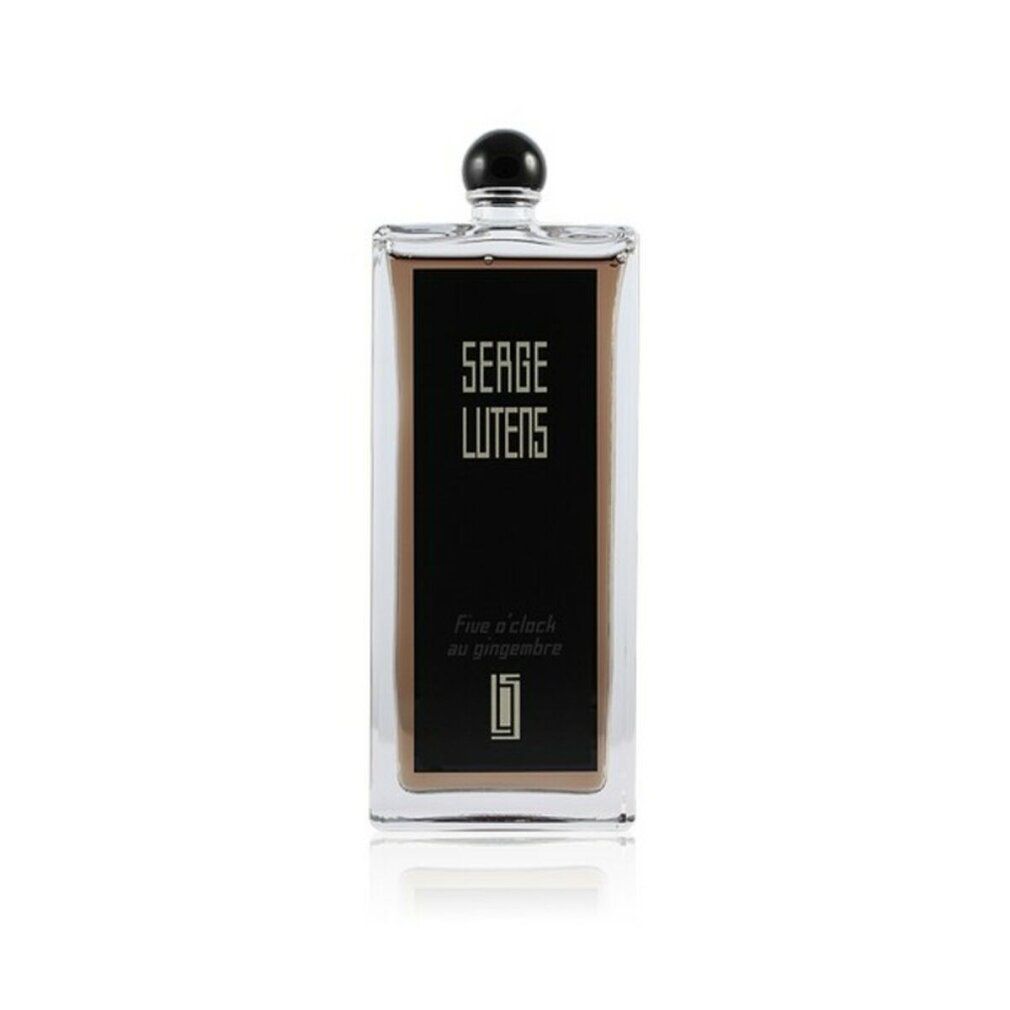 Flacone in vetro con etichetta nera. Scritta: SERGE LUTENS, Five o'clock au gingembre. Tappo nero.