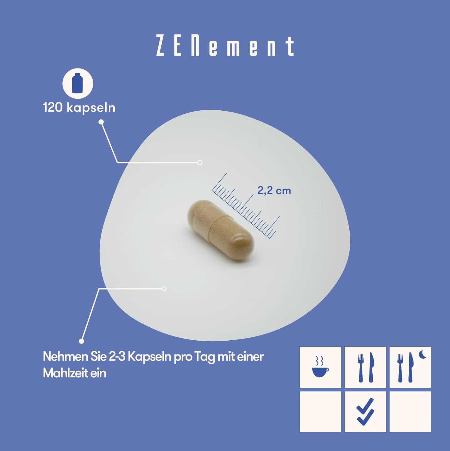 Capsula su sfondo bianco. 2,2 cm di lunghezza. Testo: 120 capsule. Assunzione: 2-3 capsule al giorno con un pasto.